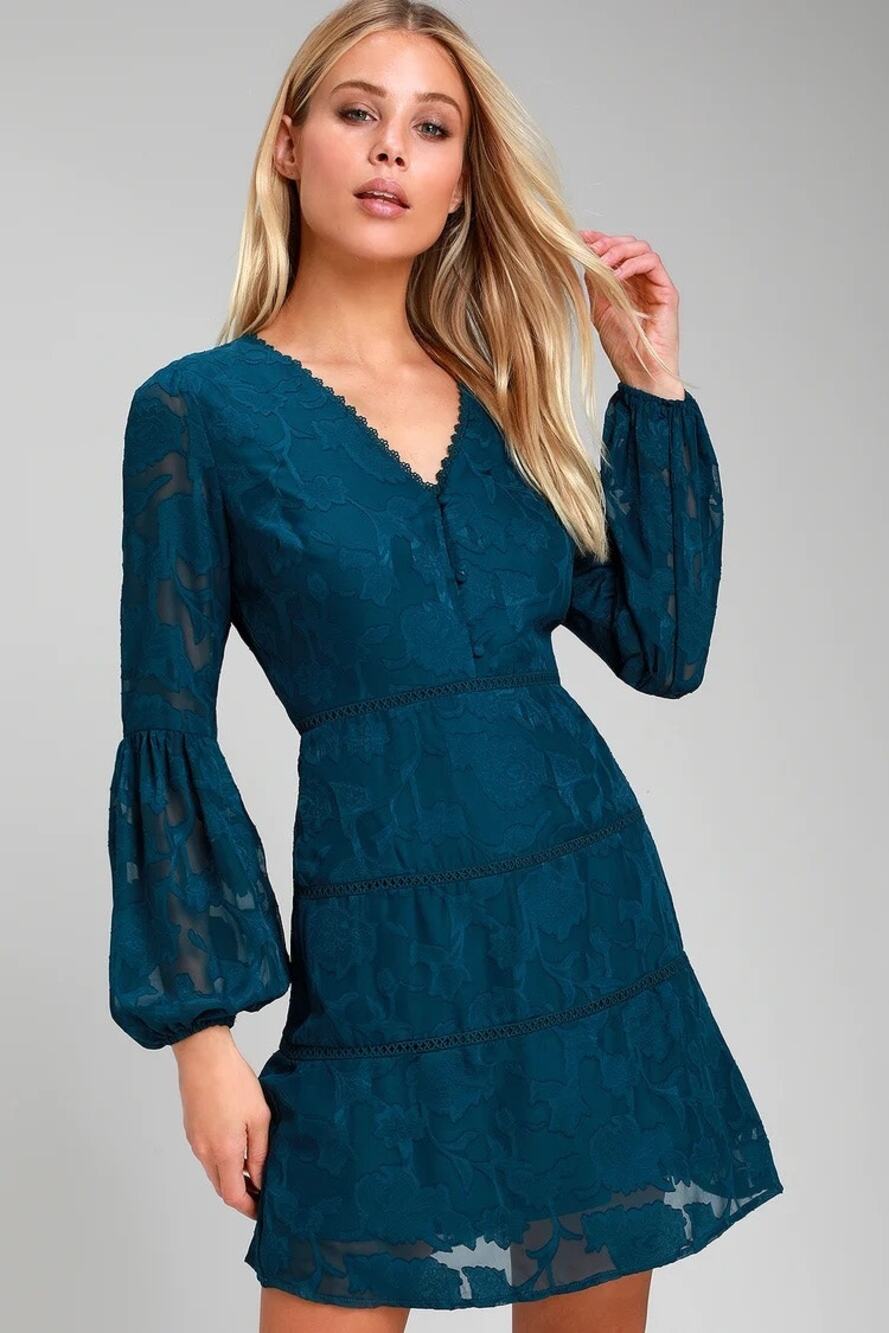 Lulus Sapphire Avery Teal Blue Floral Lace Long Sleeve Dress Size XS